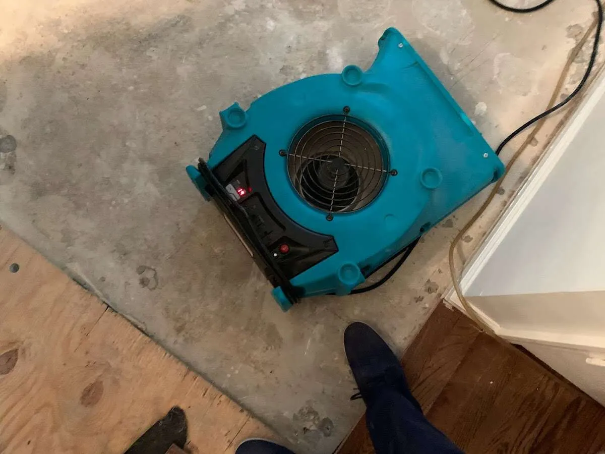Air mover drying subfloor during Commercial Water Damage Restoration in Cumberland